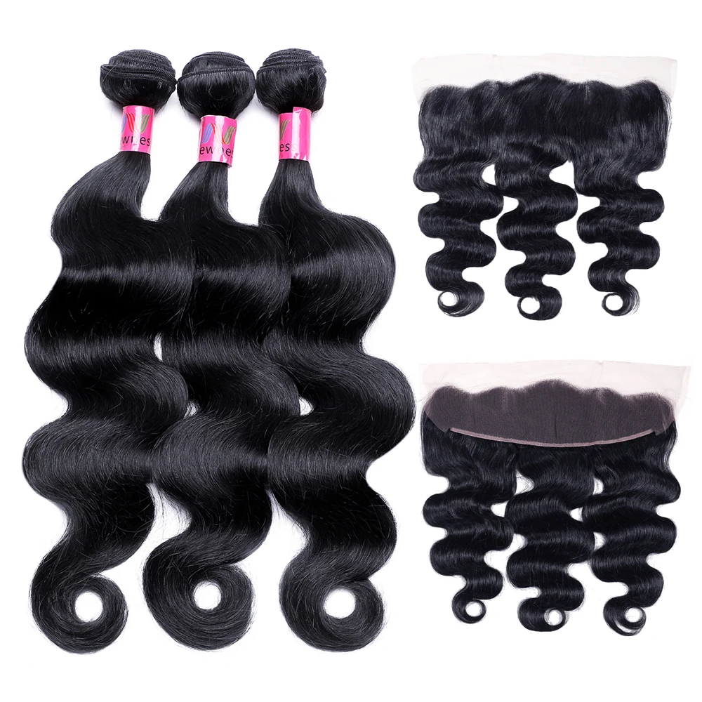 

Body Wave Bundles with Frontal Brazilian 3/4 Pieces 8A Remy Human Hair Weaves with 13*4 transparent Lace Frontal Closure NEWNESS