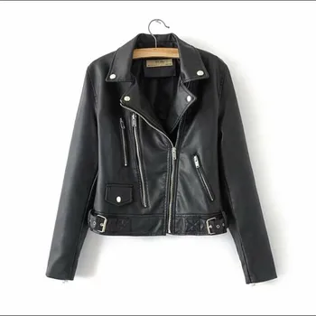 

2019 New Fashion Women spring and Autumn Faux Leather Jackets Zipper Basic Coat Turn-down Collar Biker Jackets Coat