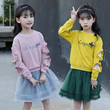 

Children's Clothing Sets Princess For Girls Suits Spring Kids Costumes Cute Sweatshirt Bow Cotton Tops+Pleated Skirt Elegant
