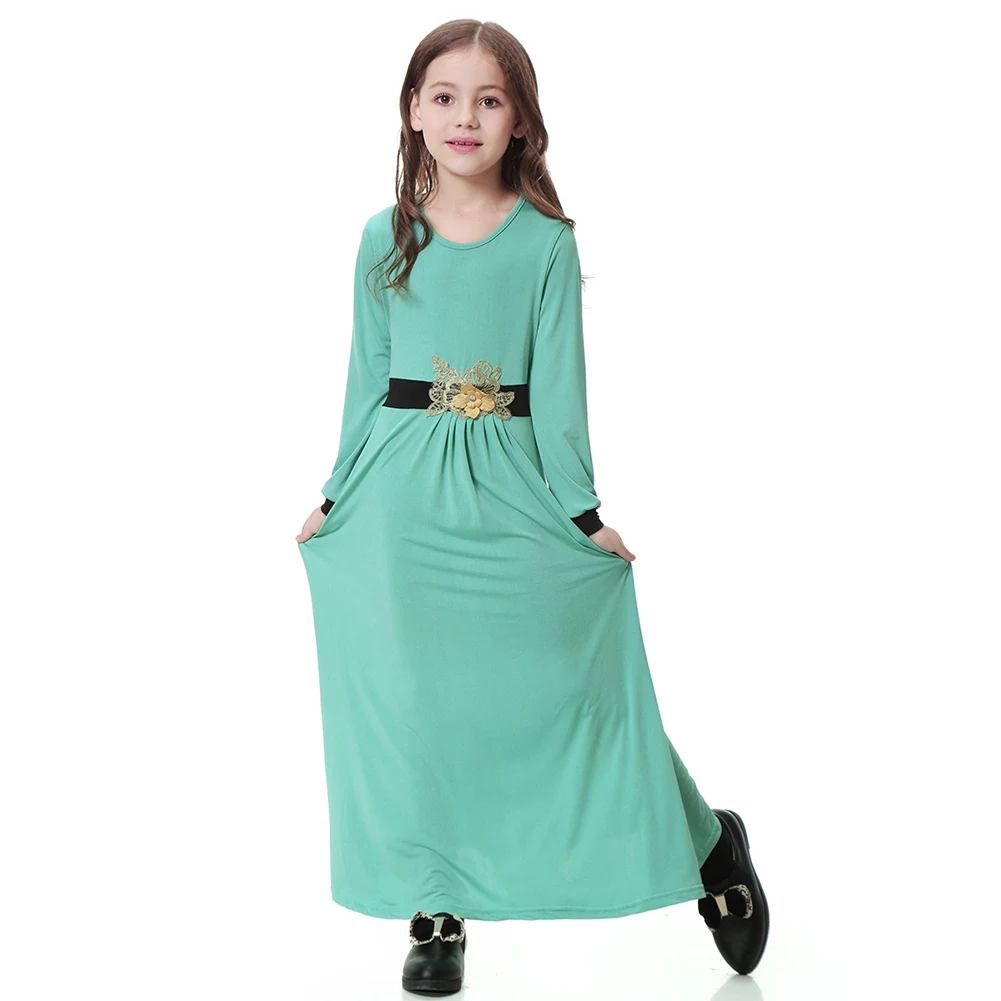 

Girls One-pieces Sleepdress Muslim Solid Color Long-sleeves Sleep Gown FDC99