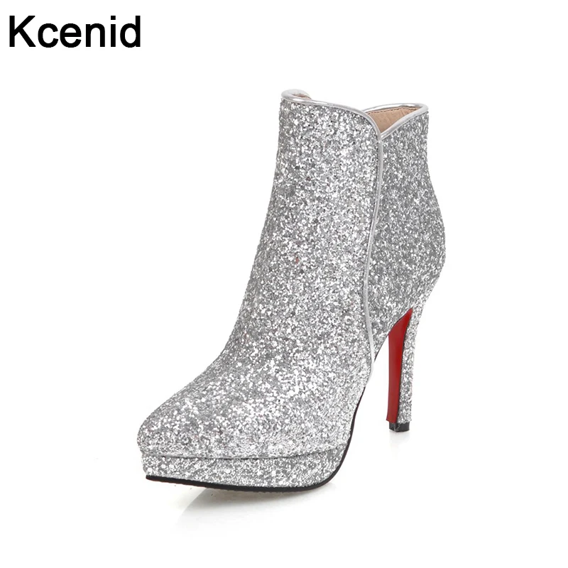 

Kcenid Glittering pointed toe side zipper silver fashion boots bling high heels wedding platform shoes woman winter ankle boots
