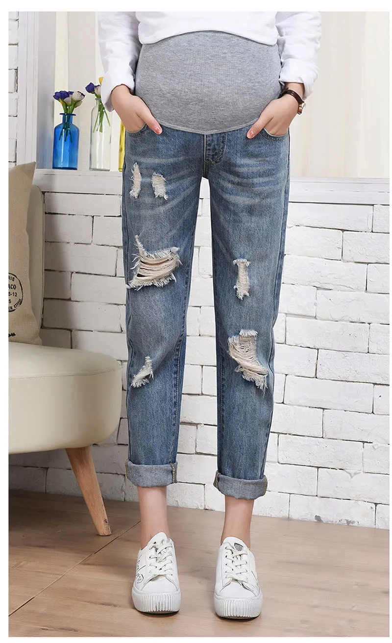 Рваные джинсы для беременных Для женщин кормящих Брюки для беременных эластичный пояс джинсовой Беременность джинсы для беременных Брюки Костюмы