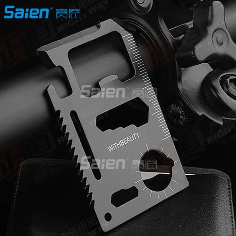 

11 in 1 Multi-Functional Stainless Steel Credit Card Survival Outdoor Pocket Camping Tool Card Beer Bottle Opener with Leather C