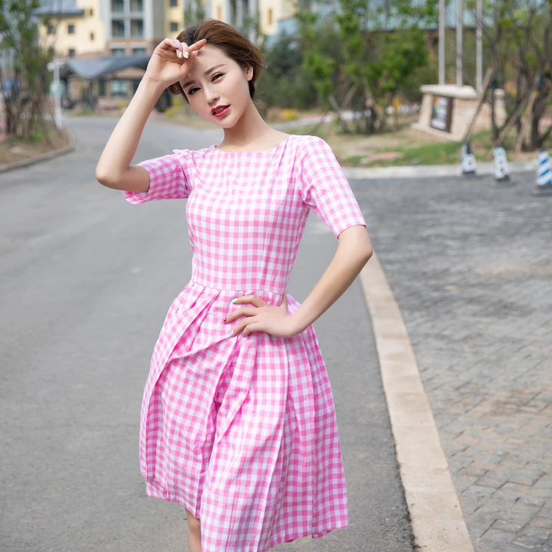 

Vintage Pink Plaid Dress Slash Neck Swing Ladies Dress Sundress Vestidos