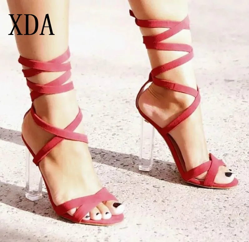 

XDA Concise PVC Sandals Women Transparent Summer Square High Heel Pointed Toe Women Shoes Party Lace-Up sandals Red Black D326