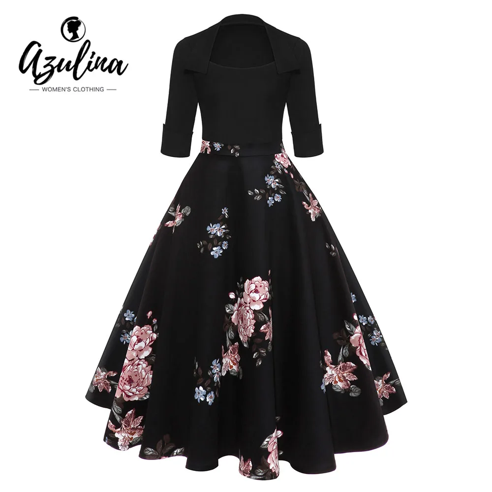 

AZULINA Audrey Hepburn Vintage Party Dress Women Floral Flare Midi Dresses Winter Autumn Retro Elegant Dress Vestidos Robe Femme