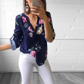 

Lady Casual Floral Printed Tops Shirt Fashion Women Summer Loose Top 3/4 Sleeve V-neck Blouse Hot Sale Women's Leaf Print Shirt