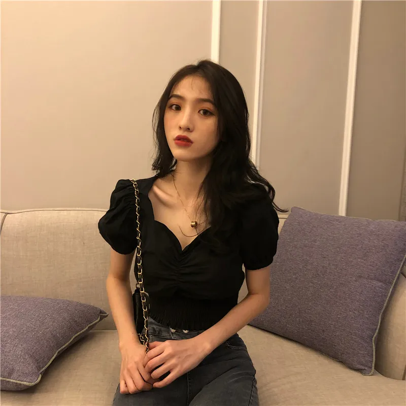 Кроп топ женский с пышными рукавами модная брендовая Облегающая рубашка Белый