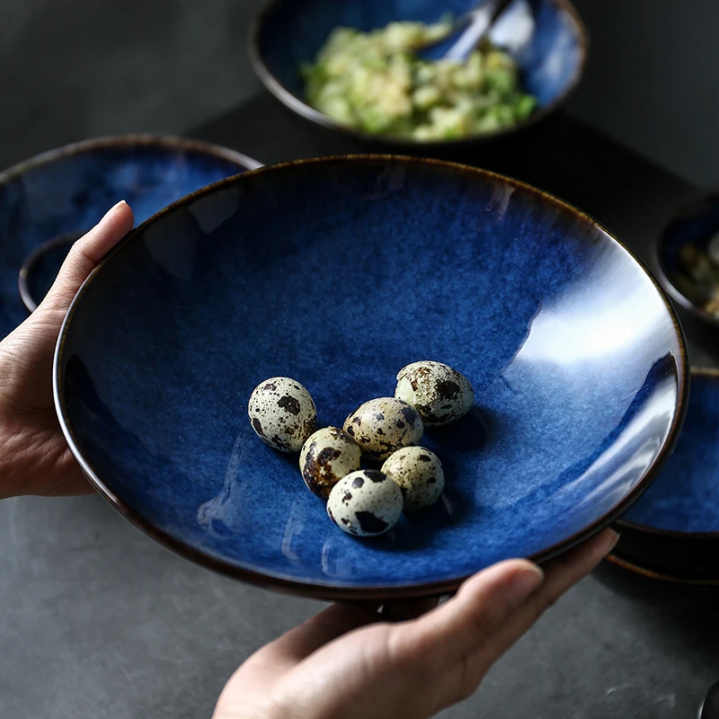 KINGLANG Ceramic Dinnerset Deep Blue Rice Noodle Bowl Cup Sauce Dish Dinner Set Tableware