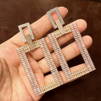 

ModemAngel Luxury Two Prismatic Shape Dangle Shiny Cubic Zirconia Women Wedding Engagement Dress Big Earrings