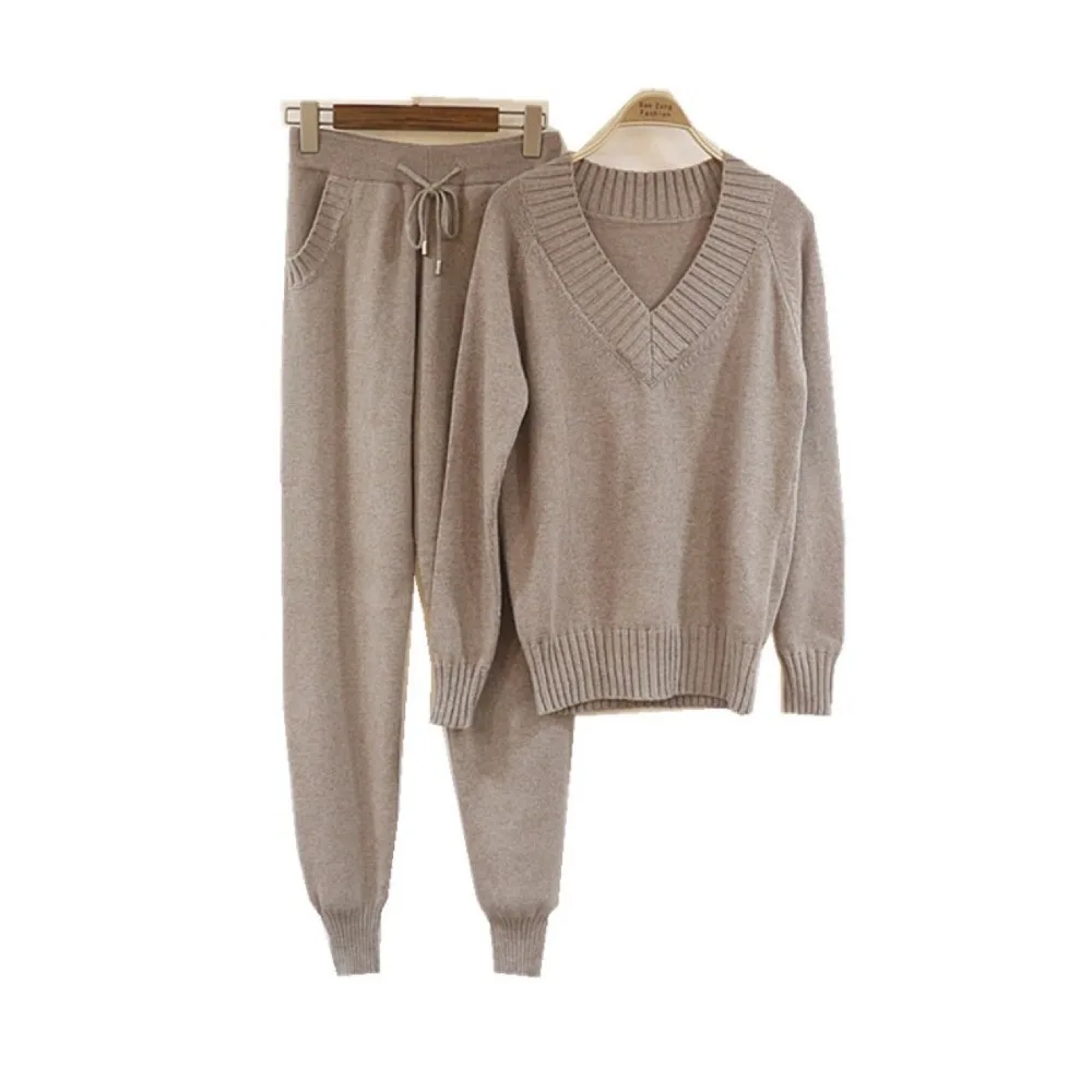 

2018 Knitted Suit V-neck Sweater Pants Set winter Woolen and Cashmere Knitted warm Suit Pants loose style two-piece set knit