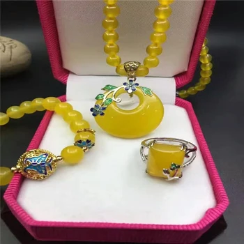 

Elegant yellow chalcedony Beautiful flowers sweater chain ring bracelet pendant necklace suits for women
