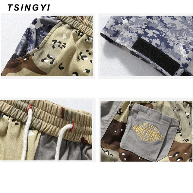 Tsingyi Summer Camouflage Military Men Cargo Pants Spliced Hip Hop Cotton Camo Multi Pockets Drawstring Tactical Mens Joggers