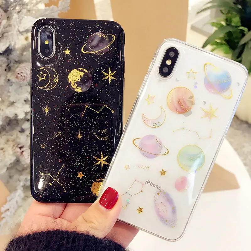 Cute Lovely Planet Stars Bling Glitter Soft Case for Samsung Galaxy Note 9/8 S7 edge S8 S9 iPhone 5 5s 6 6s 7 8 Plus X Cover |