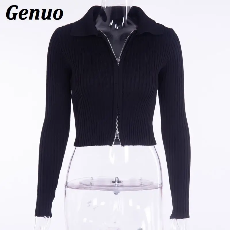 Genuo Women Knit Zipper Sweater Coats Sexy Lapel Full Sleeve Solid Slim Crop Tops Casual Autumn Winter Elastic Warm Knitwear