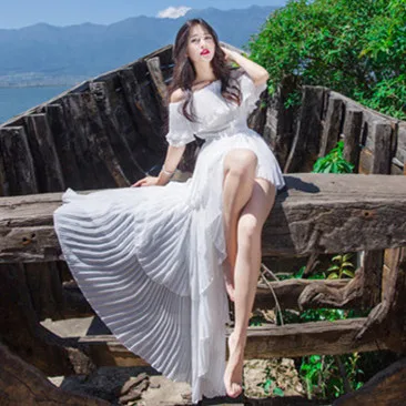

2019 Summer Dress Slash Neck Off Shoulder Layered Ruffles Cake Dress Pleated Slit Chiffon Dress Boho Dress Vestidos De Fiesta