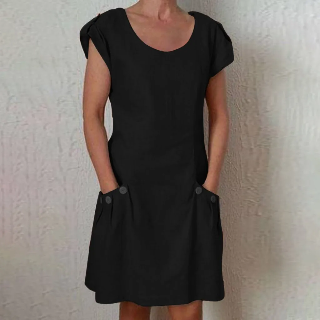 

Women summer dress Casual Solid Ruffled Pockets O-Neck Shift Daily Buttoned-decor Dresses ladies casual chic dresses vestidos