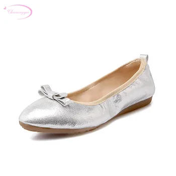 

Chainingyee sweet style round toe patent soft travel rollable shoes bowknot beige black red gold silver flat heel women's shoes