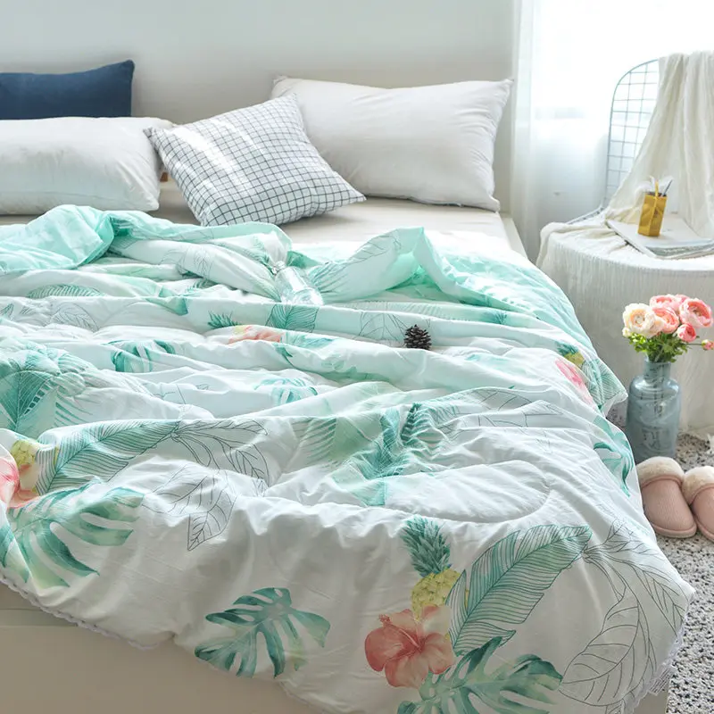 

Nordic Green Leaves Kids Washable Quilt Soft Comfortable Bed Quilts Summer Comforter Quilted Adults Coverlet Duvet Summer Quilt