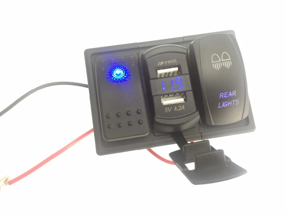 Синий светодиодный перекидной переключатель Панель DC 12-24V USB Автомобильное зарядное устройство с Вольтметр задний светильник перекидной переключатель