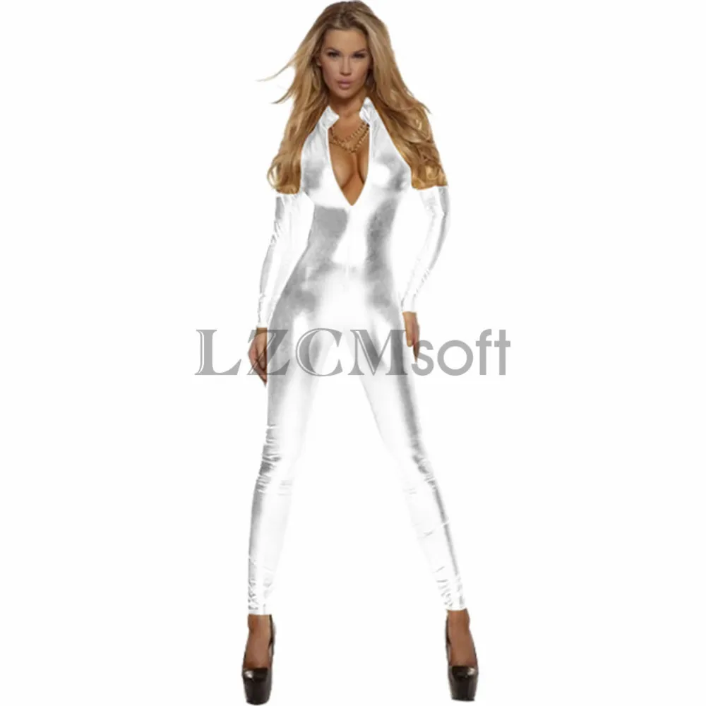 LZCMsoft, женский комбинезон для всего тела, черный комбинезон, боди с длинным рукавом, лайкра, золотая молния спереди, водолазка, металлик, Zentai, боди - Цвет: White