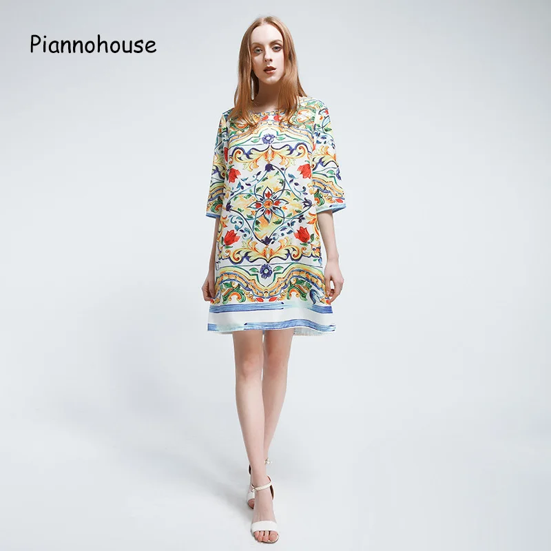 Pianohaus Для женщин летнее платье 2018 Новая мода ретро S прямо Длина рукав короткое