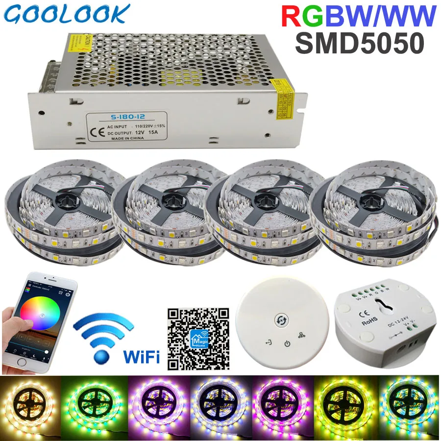 

RGB DC 12V Led Strip Light WiFi RGBW Strip SMD5050 20M Stripes Waterproof Neon Flexible Led Tape Diode Ribbon+WiFi Control+Power