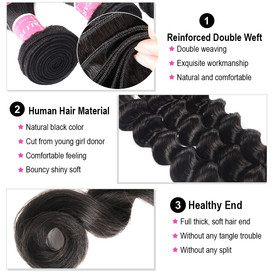 AliPearl Brazilian Loose Deep Hair Weave 4 Bundle Deals 100% Human Hair Bundles Natural Black 10-26inch Remy Extensions