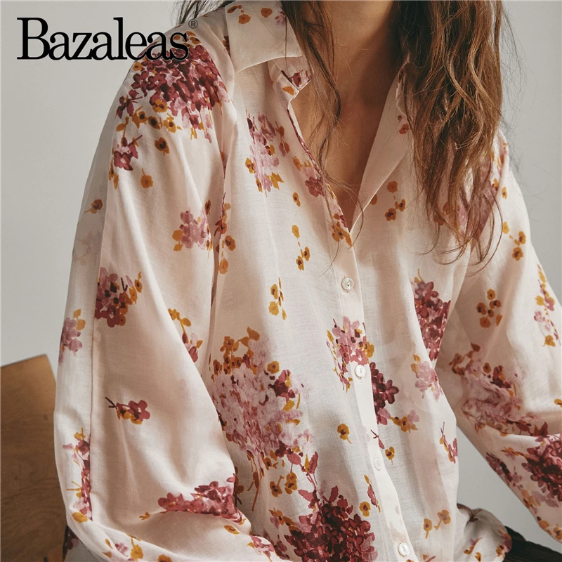 

Bazaleas Vintage shirt Blouse Casual womens tops and blouses Slim Buttons Blusa Feminina Floral Print blusas mujer de moda 2019