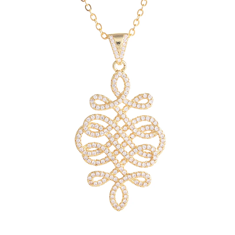 

Jewelry Clear Zircon Chinese Knot Charm Necklace For Women Accessories Micro Pave Hollow Flower Pendant Necklaces For Wedding