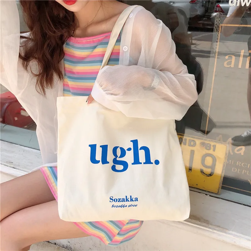 

Women Canvas Shoulder Bag Letters Printing Ladies Shopping Bag Feminina Simple Eco Pure Cotton Cloth Handbag Chic Zipper Tote