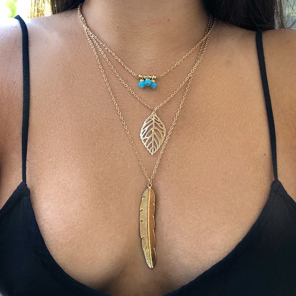 KISSWIFE модное многослойное ожерелье с подвеской в виде перьев и листьев, Женская цепочка с подвеской, серебряное ожерелье с пером