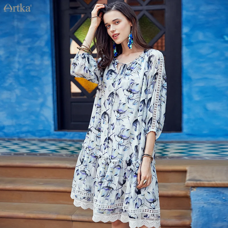 

ARTKA 2019 Spring Summer New Women Dress 100% Cotton A-line Fashion Loose Elegant Dress Lady Knee-length Dresses LA11197X