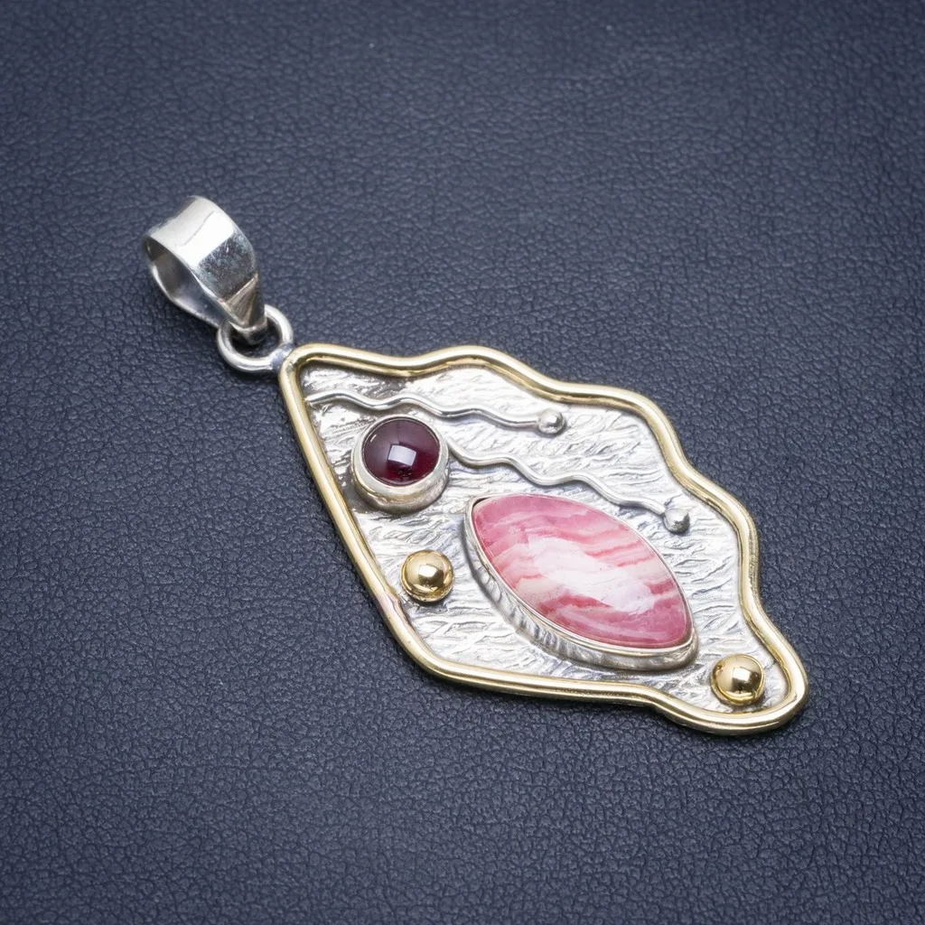 

Natural Two Tones Rhodochrosite and Amethyst Handmade Unique 925 Sterling Silver Pendant 2" A1586