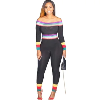 

Sexy Off Shoulder Jumpsuit Women Colorful Striped Long Sleeve Casual Romper Skinny Elegant Party Clubwear Bodycon Overalls Femme