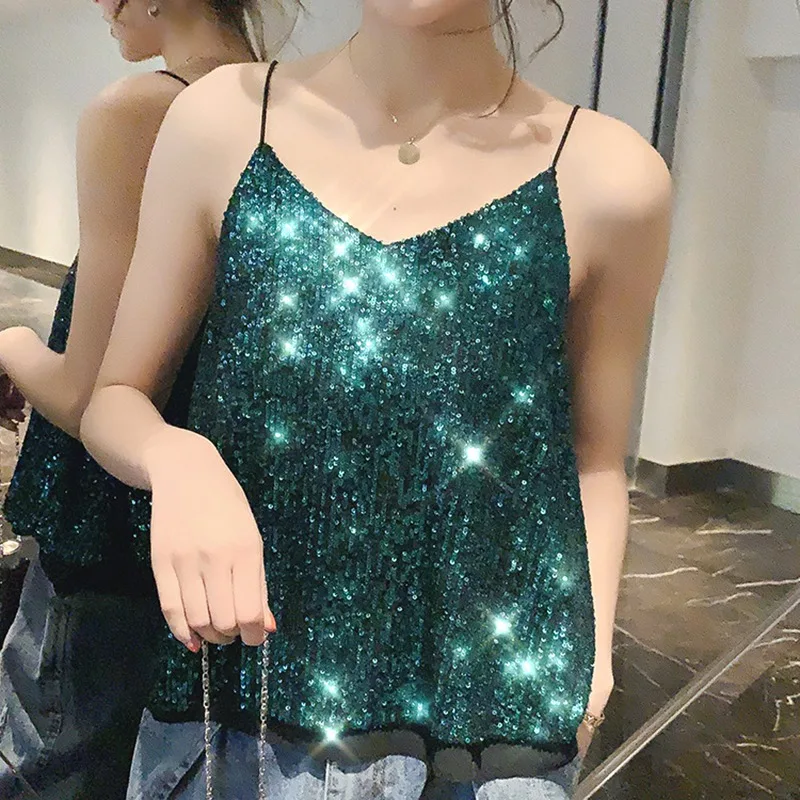 

Sexy Sequined Sparkling Camisole Women's Sleeveless V-Neck Shiny Camisoles Vest Summer Basic Casual Ladies Tops