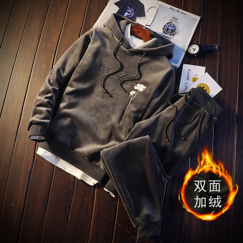 

Winter Men Sets Hoodie Tracksuit 2 Pieces Pullover Sweatshirts + Pants Sportwear Male Embroider Floral Sweat Suit Sweatshirts