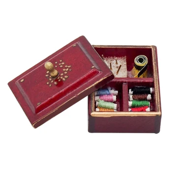 

HOT SALE 1:12 Miniature Vintage Sewing Box with Lid Winered Dollhouse Decoration Accessories