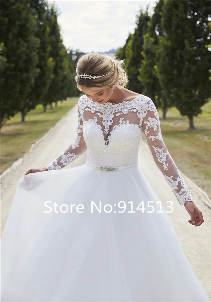 Long Sleeve Wedding Dress Tulle Full Appliques Lace vestidos de novia Bride Dress Wedding Gowns Free Shipping
