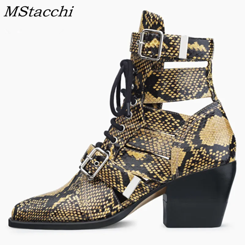 MStacchi Brand Design Snake Skin Genuine Leather Boots Woman Pointed Toe High Heels Ankle Boots Buckle Lace Up Women Boots