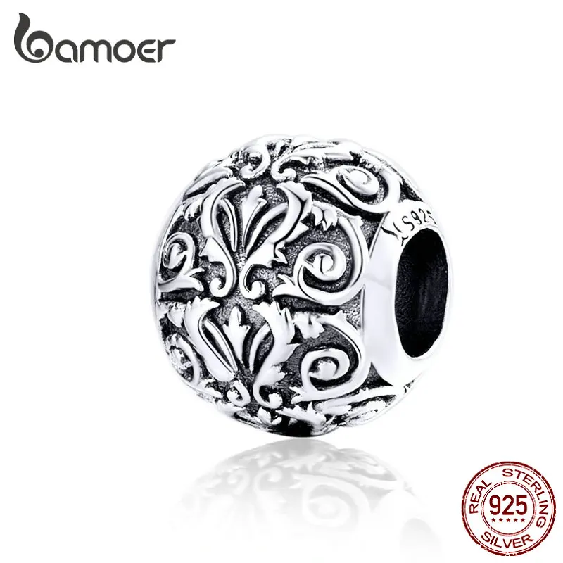 

BAMOER Metal Round Beads for Jewelry Making 925 Sterling Silver European Engraved Pattern Silver Charm for 3mm Bracelet SCC1179