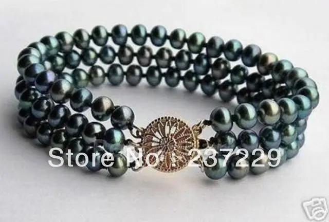 

Wholesale price FREE SHIPPING ^^^^7-8mm 3Rows Black Akoya Cultured Pearl Bracelet 7.5''