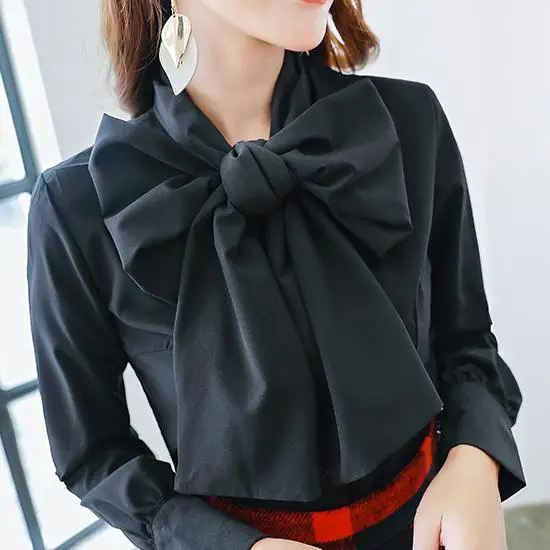

Free Shipping Women Fashion Top Bowtie Collar Long Sleeve Slim Blouse Elegant Solid Color Ladies High Quality Femal Shirt