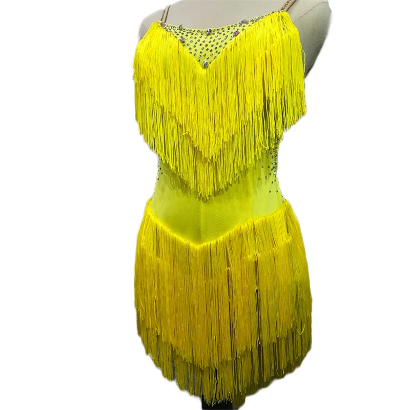 Латинских платьев для женщин латинские танцевальные юбки Танго Сальса ГОГО танцевальный костюм вечерние танцор певец бахрома кисточка красное платье BL1 - Цвет: Yellow Dress