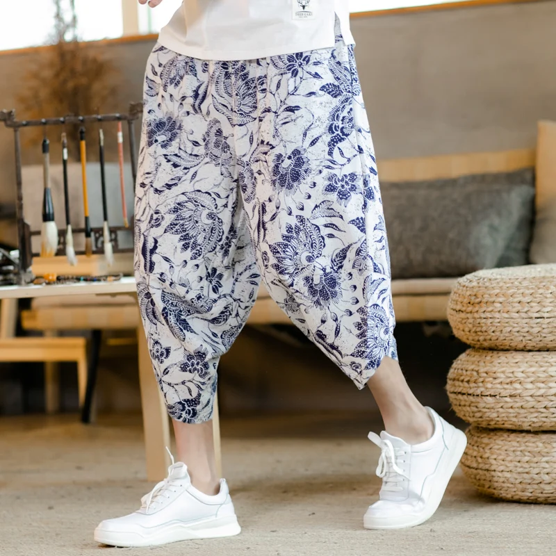 Летние укороченные брюки китайские льняные длинные шорты мужские шаровары бермуды повседневные шорты