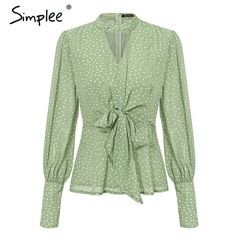  Simplee Vintage dot print v-neck women chiffon blouse shirt Bow tie high waist peplum tops Puff sle