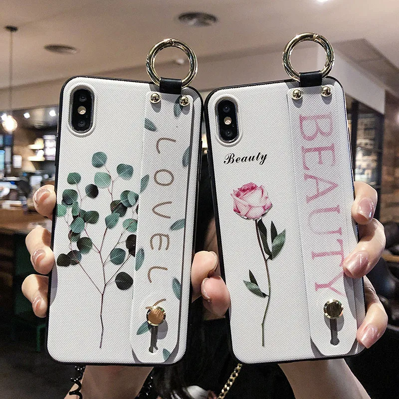 

3D Relief Green Leaf Rose Fundas Holder Stand Phone Case for iphone X XR XS Max Wristband Cover On iphone 6 6S 7 8 Plus Capa