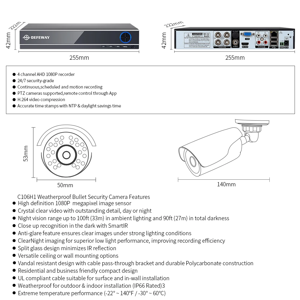 DEFEWAY HD 1080 P P2P 4 CH CCTV Системы видеонаблюдения DVR комплект 2 шт. открытый/в помещении ИК Ночное видение 2,0 МП камеры видеонаблюдения Системы