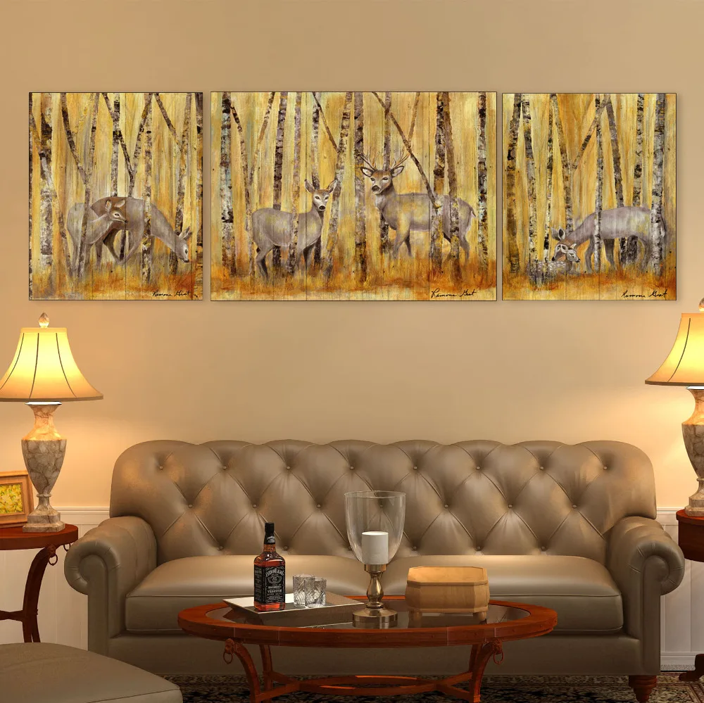 

2017 New release Deer in the jungle original artist design printed Canvas art Paintings 3 in 1 set for home decor Unframed