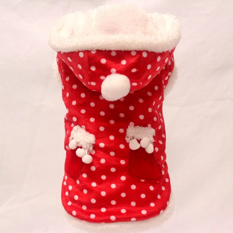 Рождественская одежда для кошек, собак, зимняя мягкая куртка с капюшоном для собак, красный цвет, белый горошек, Одежда для питомцев на год, одежда для маленьких собак